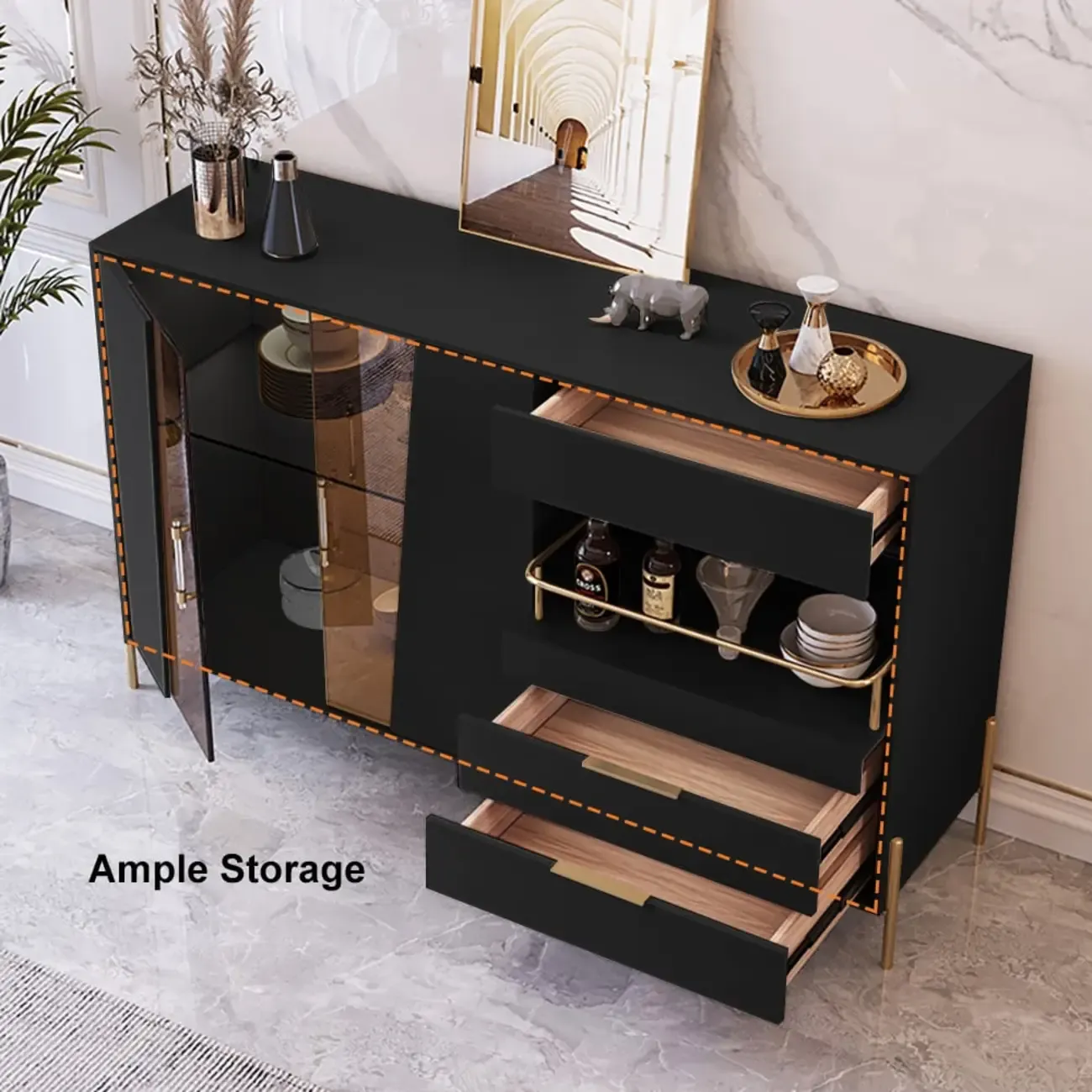 Modish Black Wooden Lighted Open Shelving Buffet Cabinet Image - 2