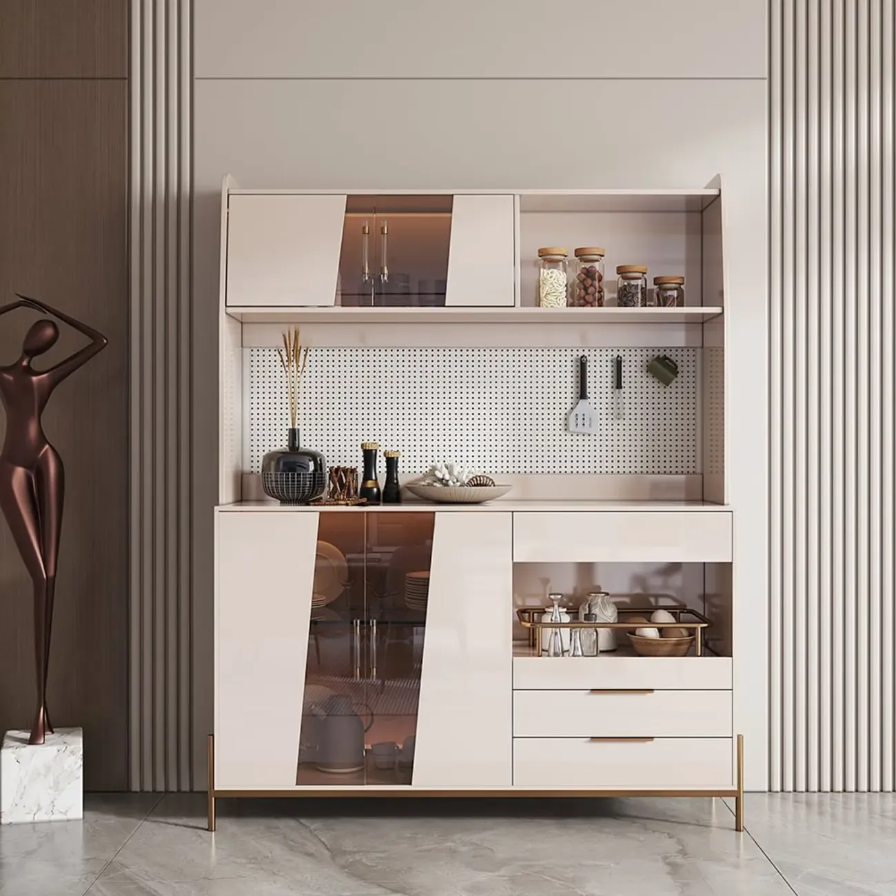 Luxury MDF Pegboard Back Gold Accents Storage Sideboard | HomeyFad