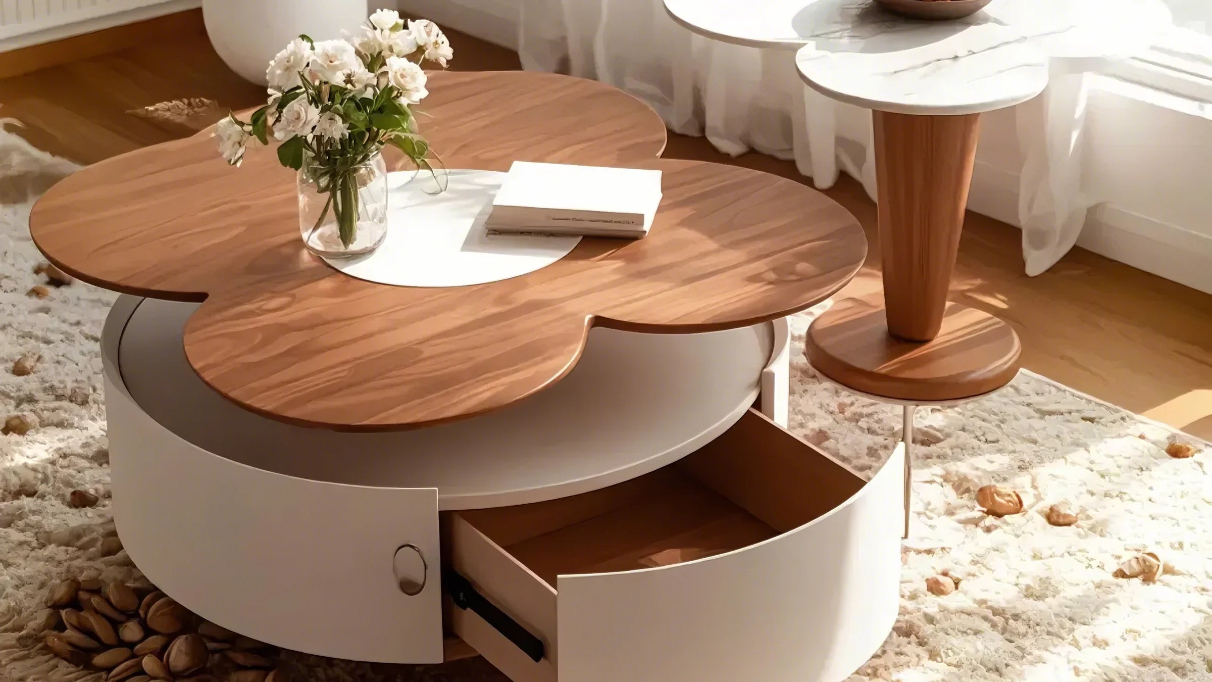 Modern Beige Nesting Coffee Table with Drawer - Free Form
