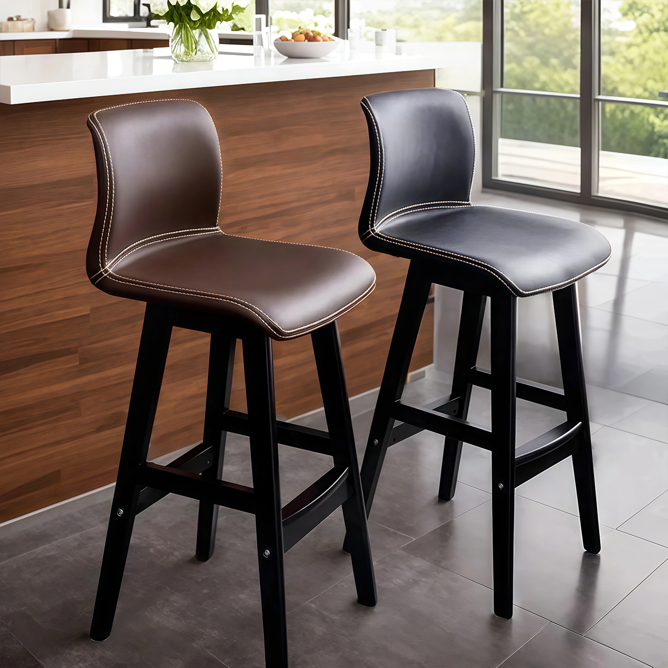 Square Low Back Leather Bar Stools with Footrest | homeyfad