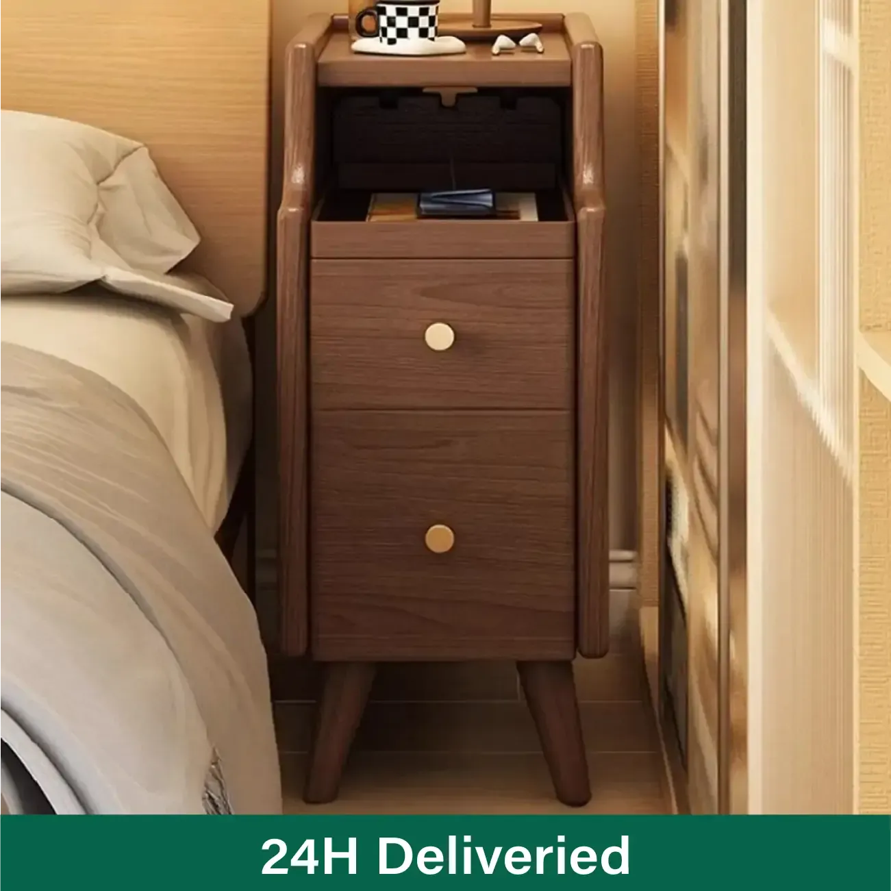 Narrow White Wood 2 Shelves Nightstand