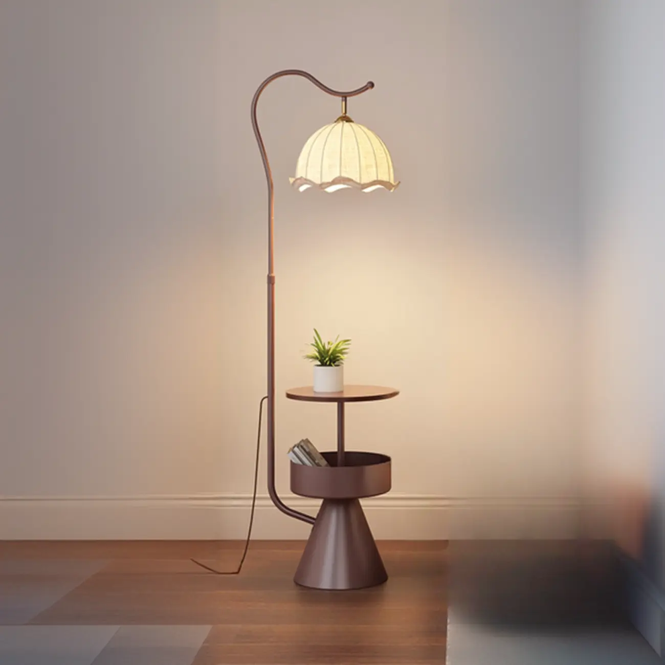 Mid Century Modern Arc Floor Lamp Pumpkin Pleated Shade Image - 2 | homeyfad