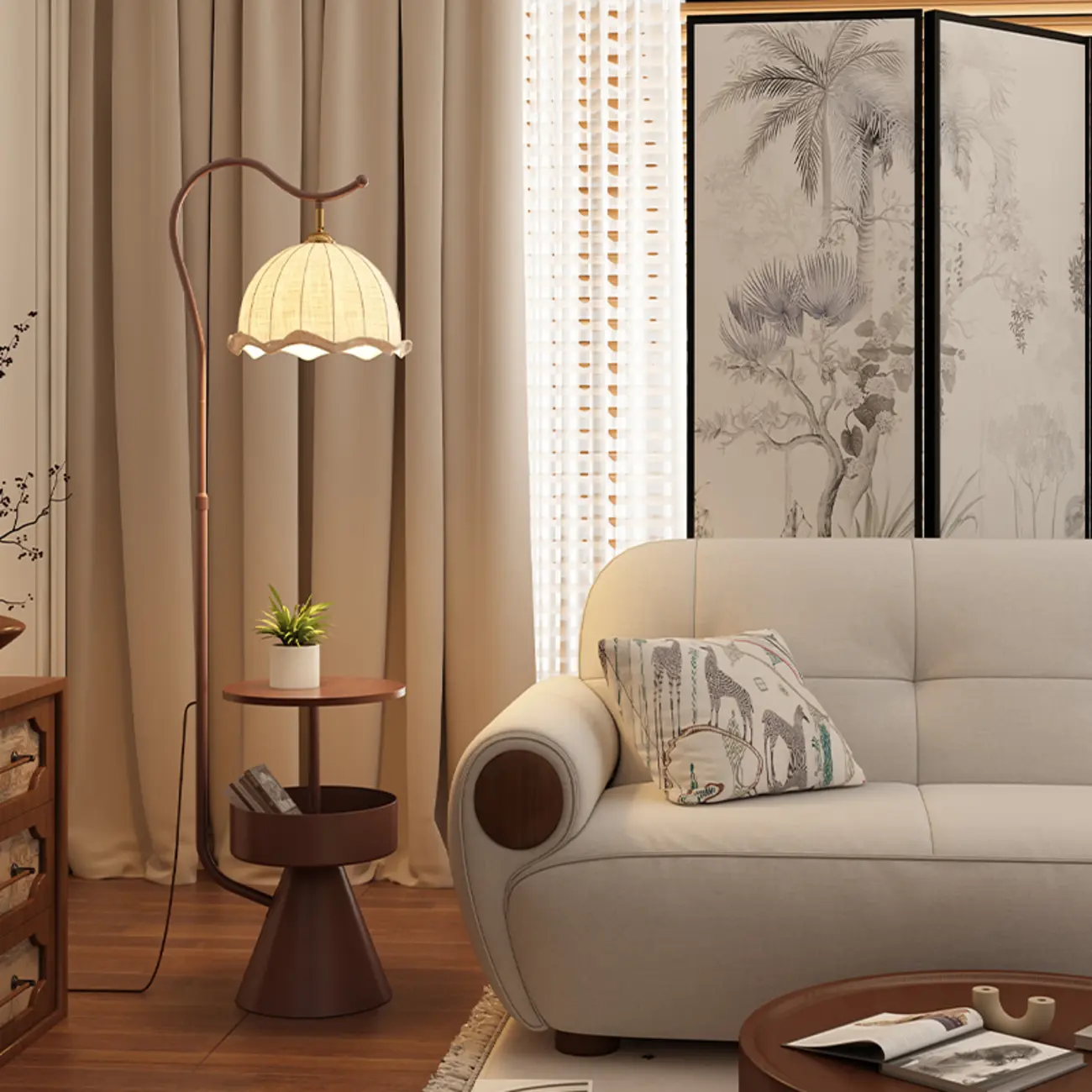 Mid Century Modern Arc Floor Lamp Pumpkin Pleated Shade Image - 3 | homeyfad