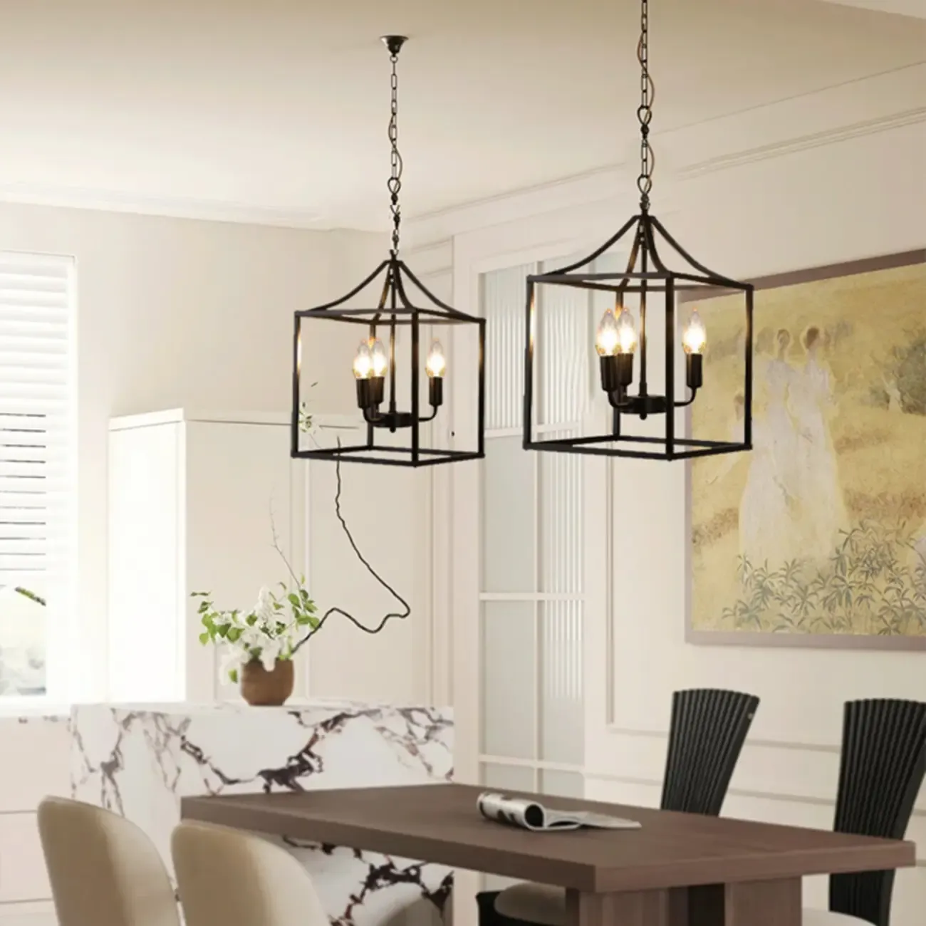 Industrial Black Metal Geometric Chain Pendant Light Image - 1