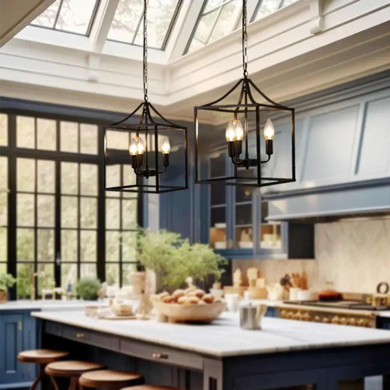 Industrial Black Metal Geometric Chain Pendant Light Image - 4