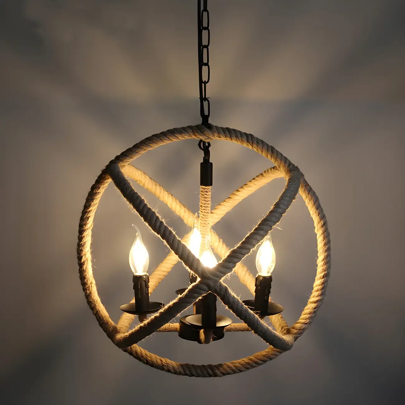 Rustic Rope Orb Frame Chandelier with Candle Design Image - 1