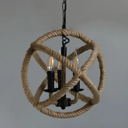 Rustic Rope Orb Frame Chandelier with Candle Design Image - 2