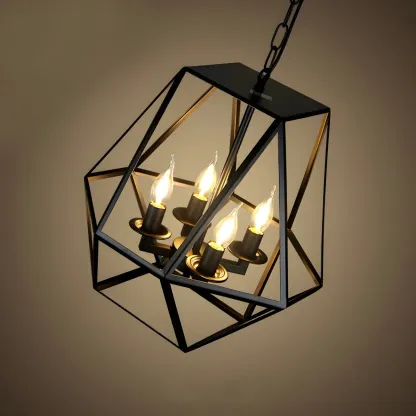 Black Geometric Metal Cage Industrial Pendant Light Image - 2