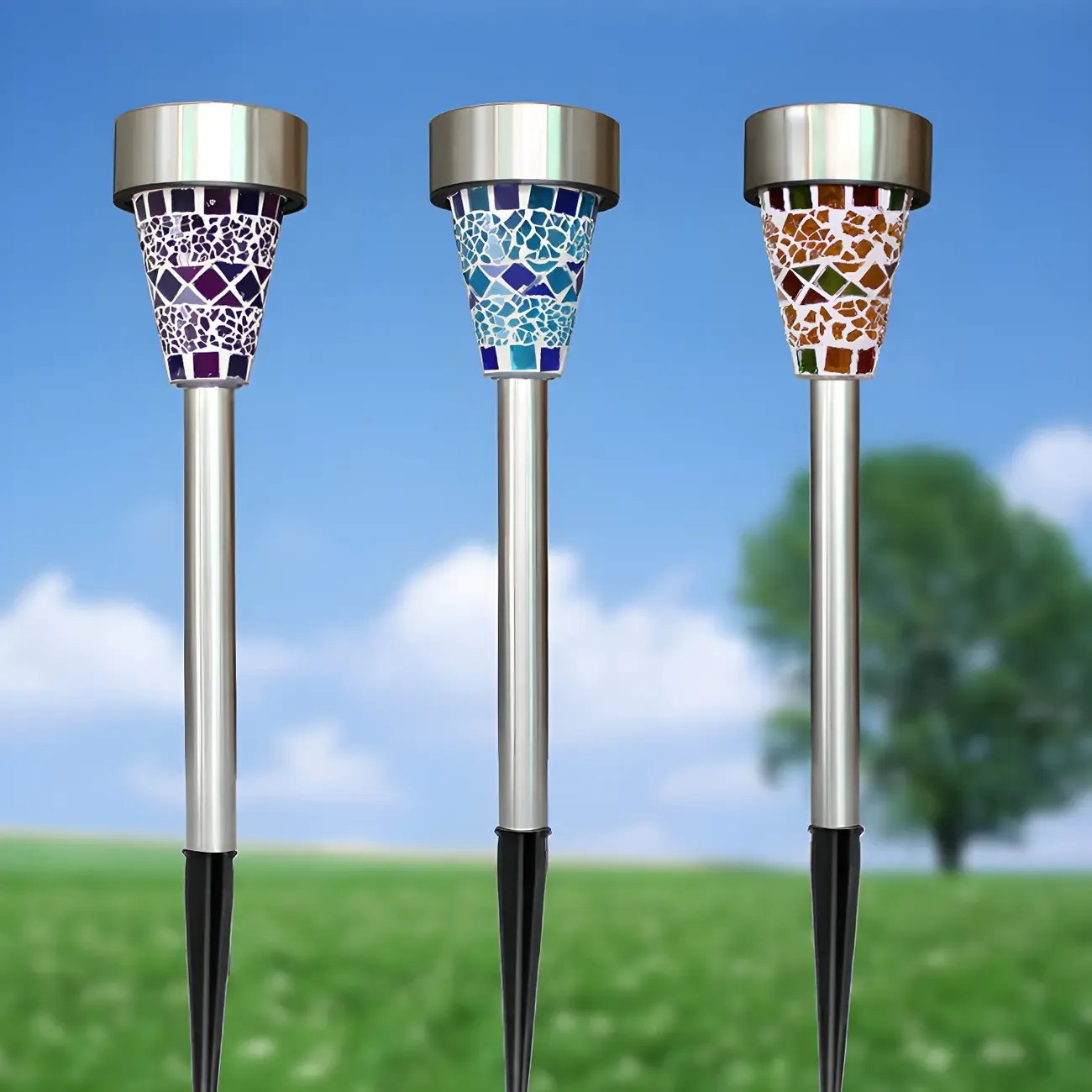 Conical Mosaic Metal Solar Landscape Lighting Image - 2