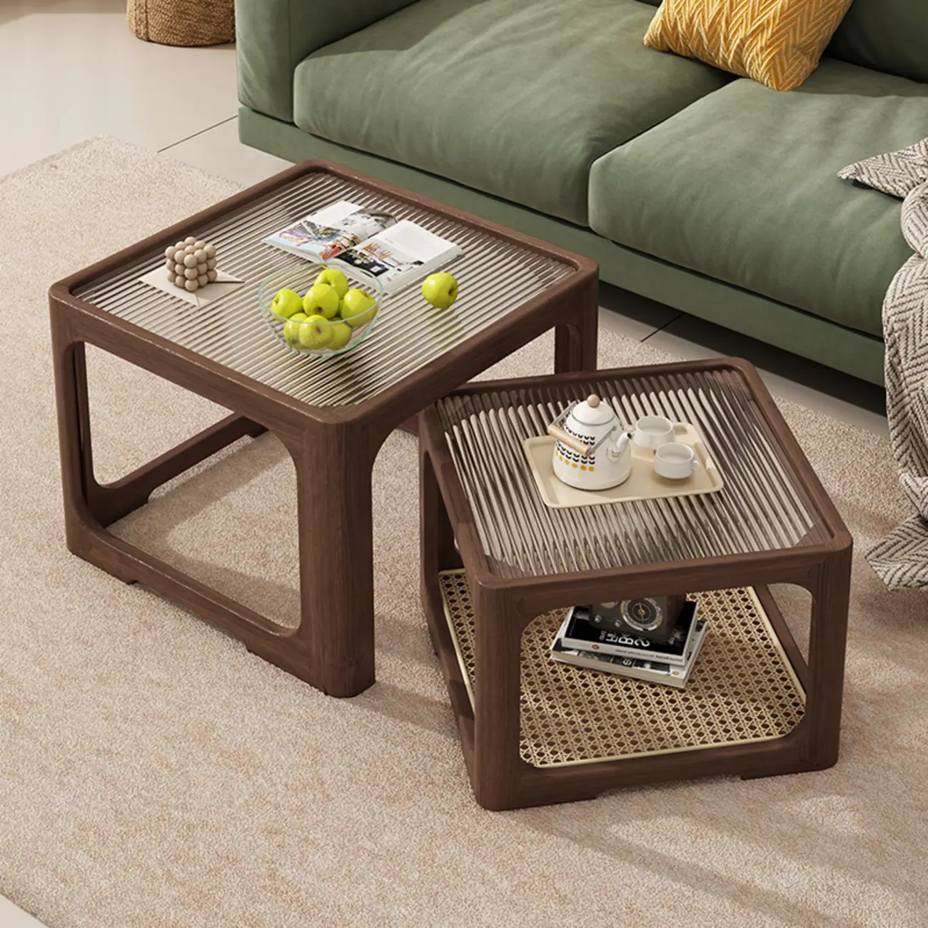Glass Modern Wood Square Nesting Coffee Table Living Room Image - 1 | homeyfad