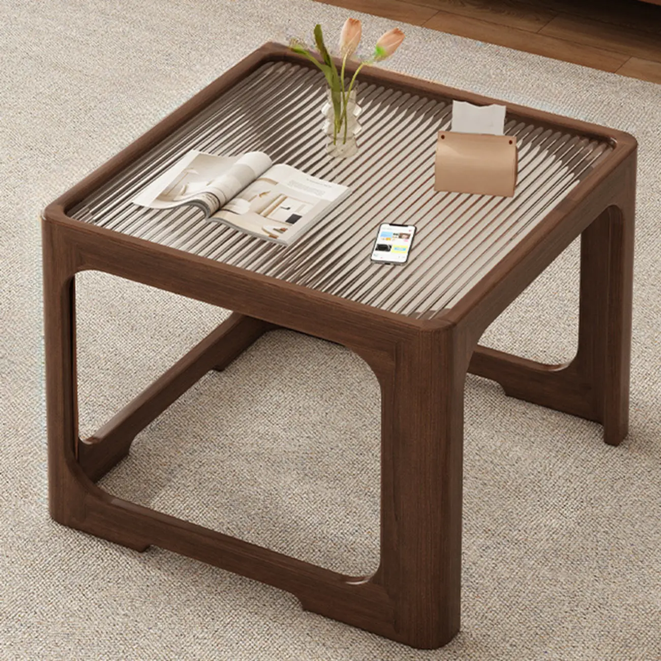 Glass Modern Wood Square Nesting Coffee Table Living Room Image - 3 | homeyfad