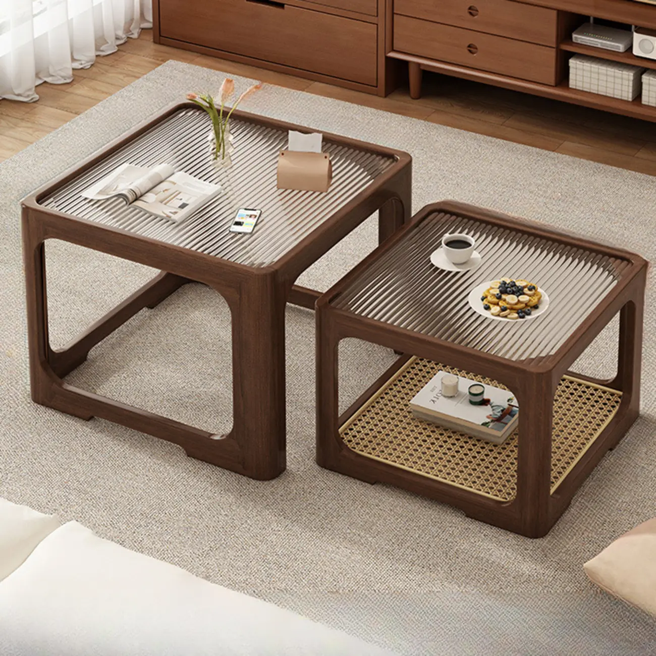 Glass Modern Wood Square Nesting Coffee Table Living Room Image - 5 | homeyfad