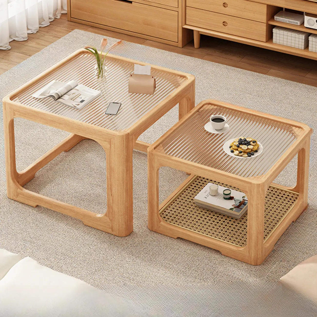 Glass Modern Wood Square Nesting Coffee Table Living Room Image - 11 | homeyfad