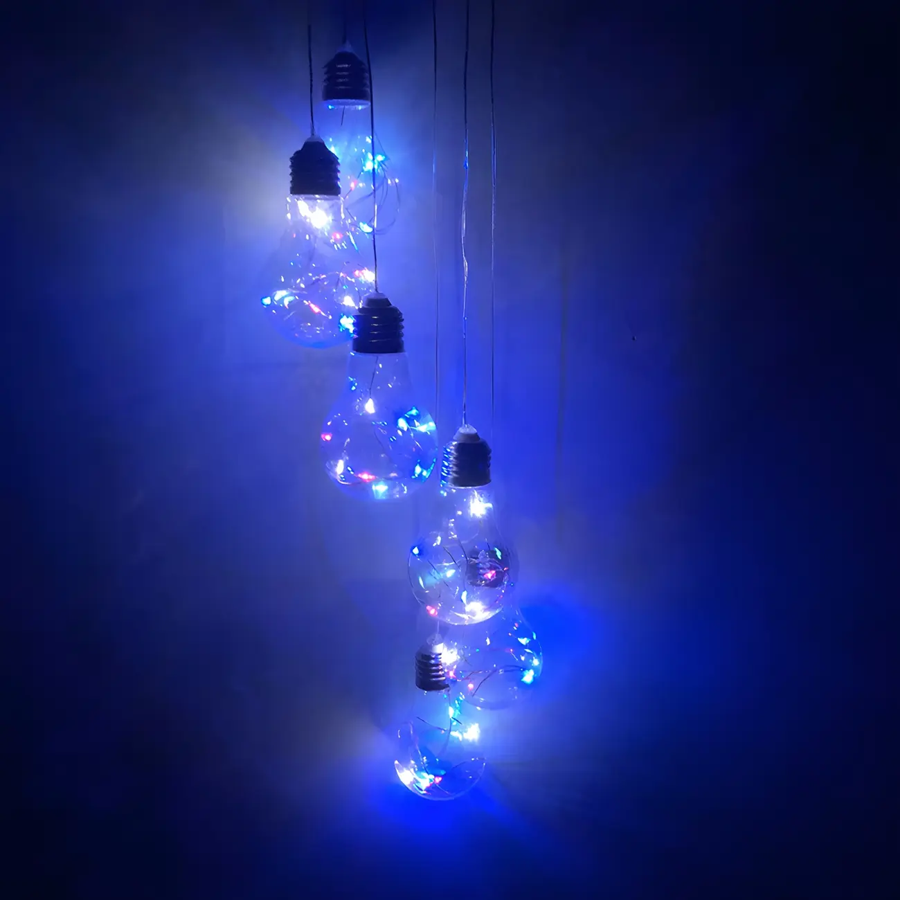 Bulb Shaped Courtyard LED Pendant Light Clear Glass 6 Heads Modern Solar Wind Chime Lighting in Black Image - 2 | homeyfad