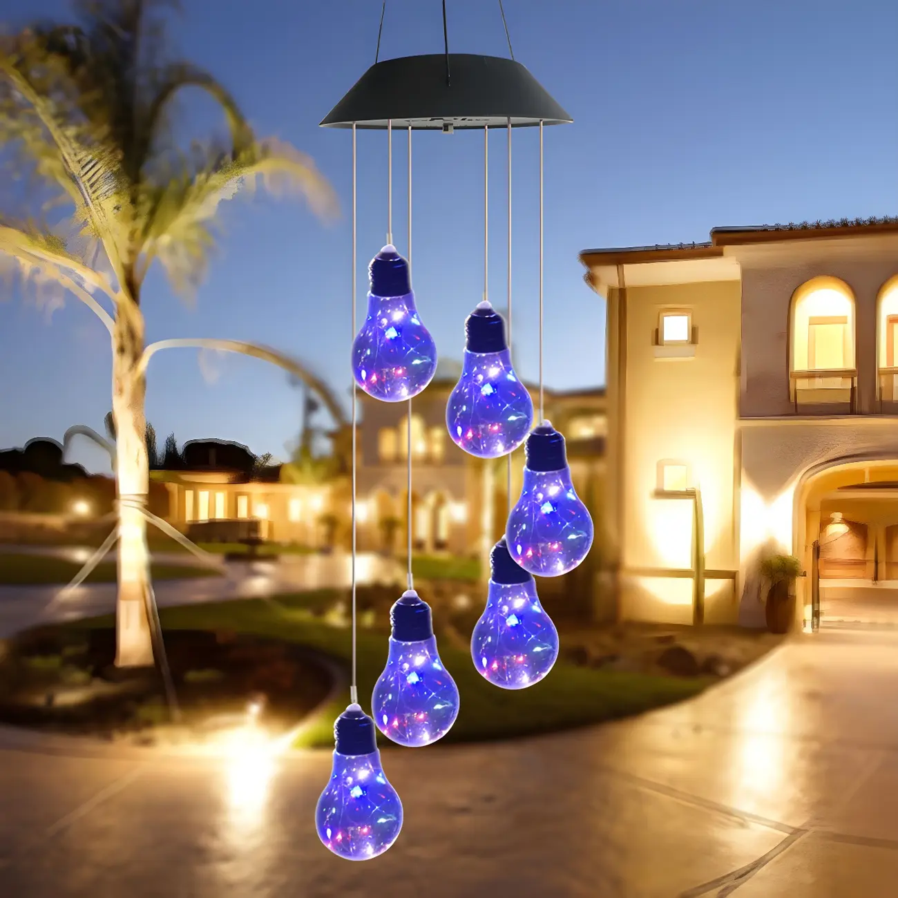 Bulb Shaped Courtyard LED Pendant Light Clear Glass 6 Heads Modern Solar Wind Chime Lighting in Black Image - 1 | homeyfad