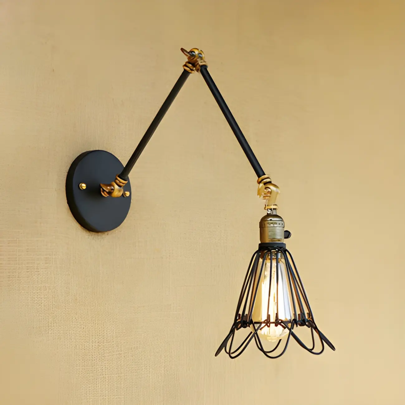 Industrial Black Wire Cage Swing Arm Wall Light Image - 5 | homeyfad