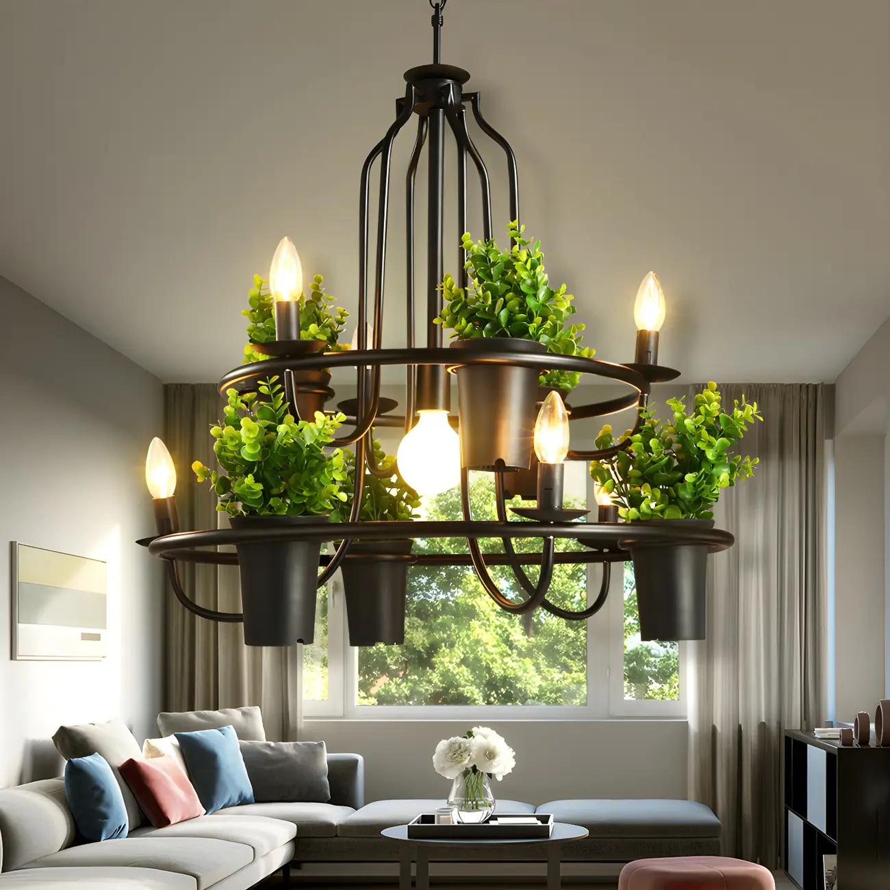 Black Metal Circular Modern Plant Chandelier | homeyfad