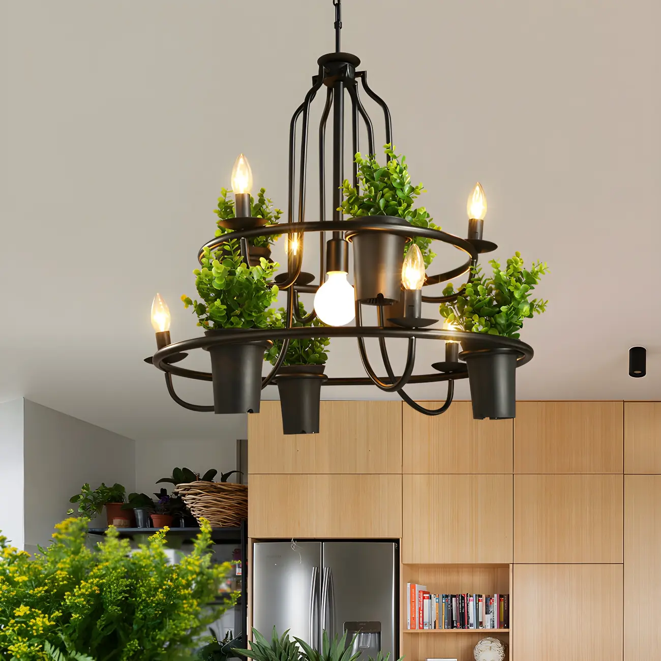 Black Metal Circular Modern Plant Chandelier | homeyfad