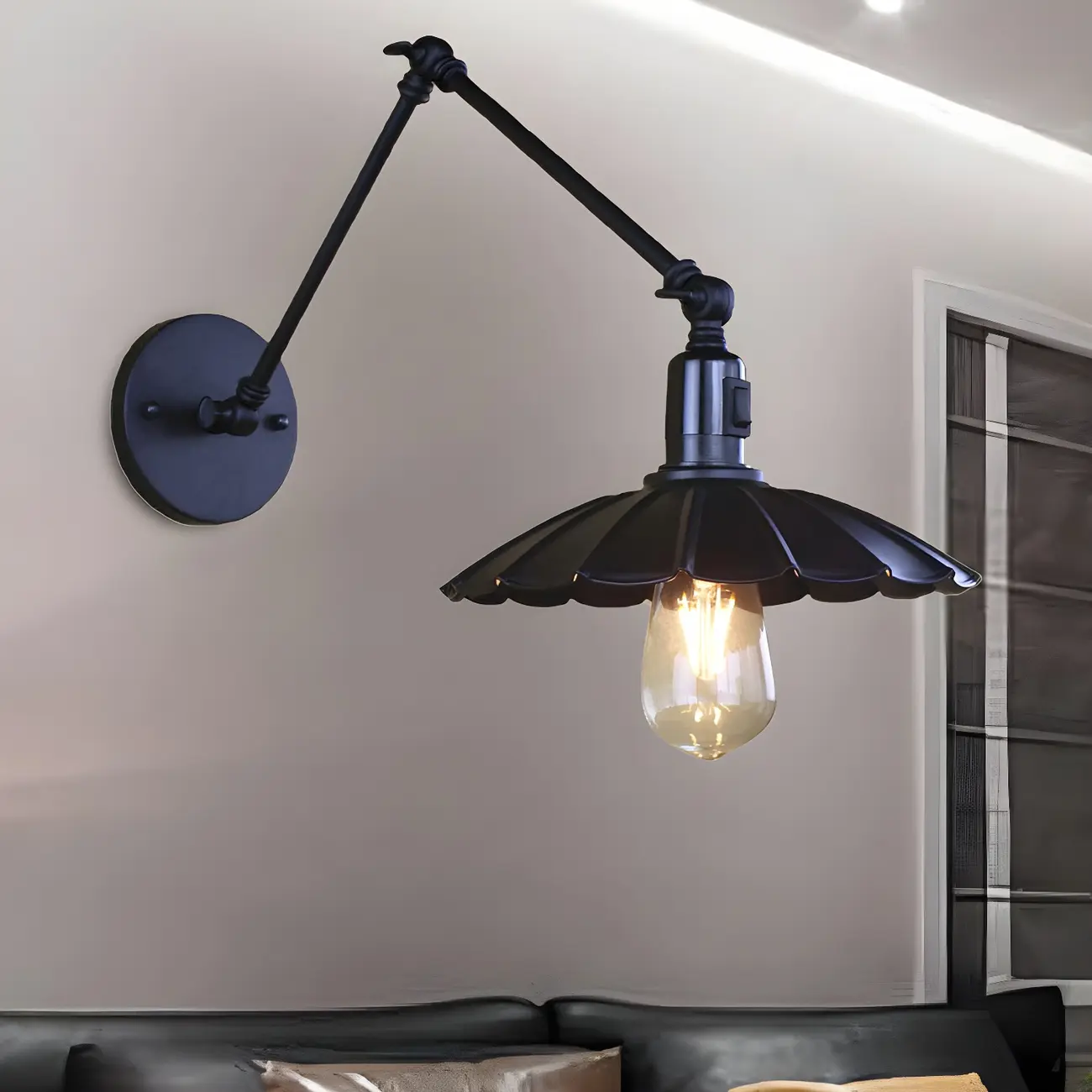 Metal Black Swing Arm Wall Light with Scalloped Shade Image - 1 | homeyfad