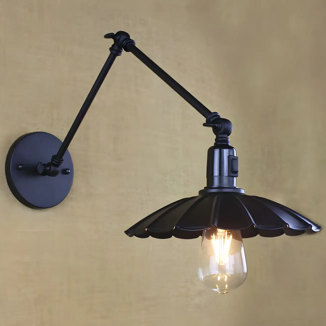 Metal Black Swing Arm Wall Light with Scalloped Shade Image - 2 | homeyfad