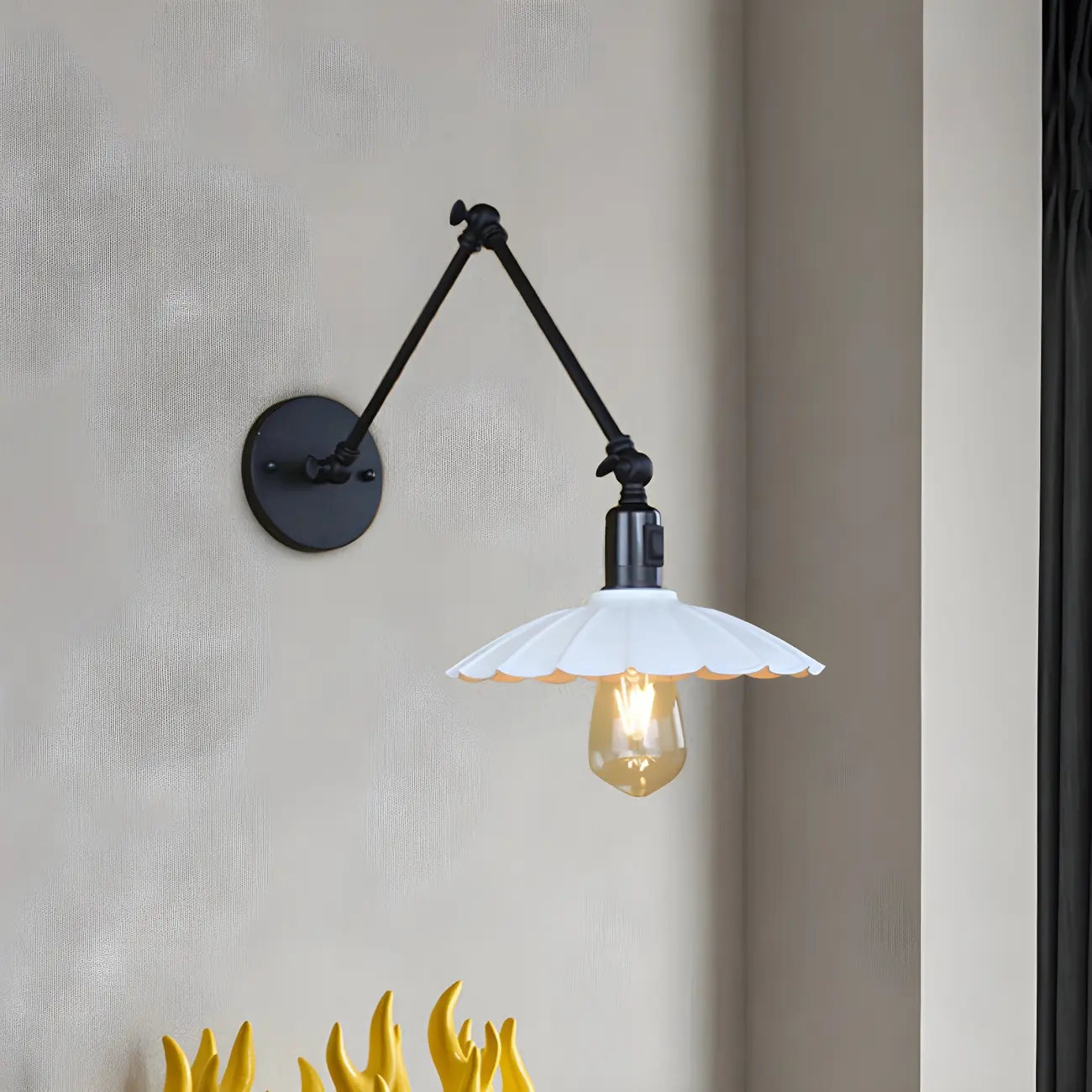 Metal Black Swing Arm Wall Light with Scalloped Shade Image - 5 | homeyfad