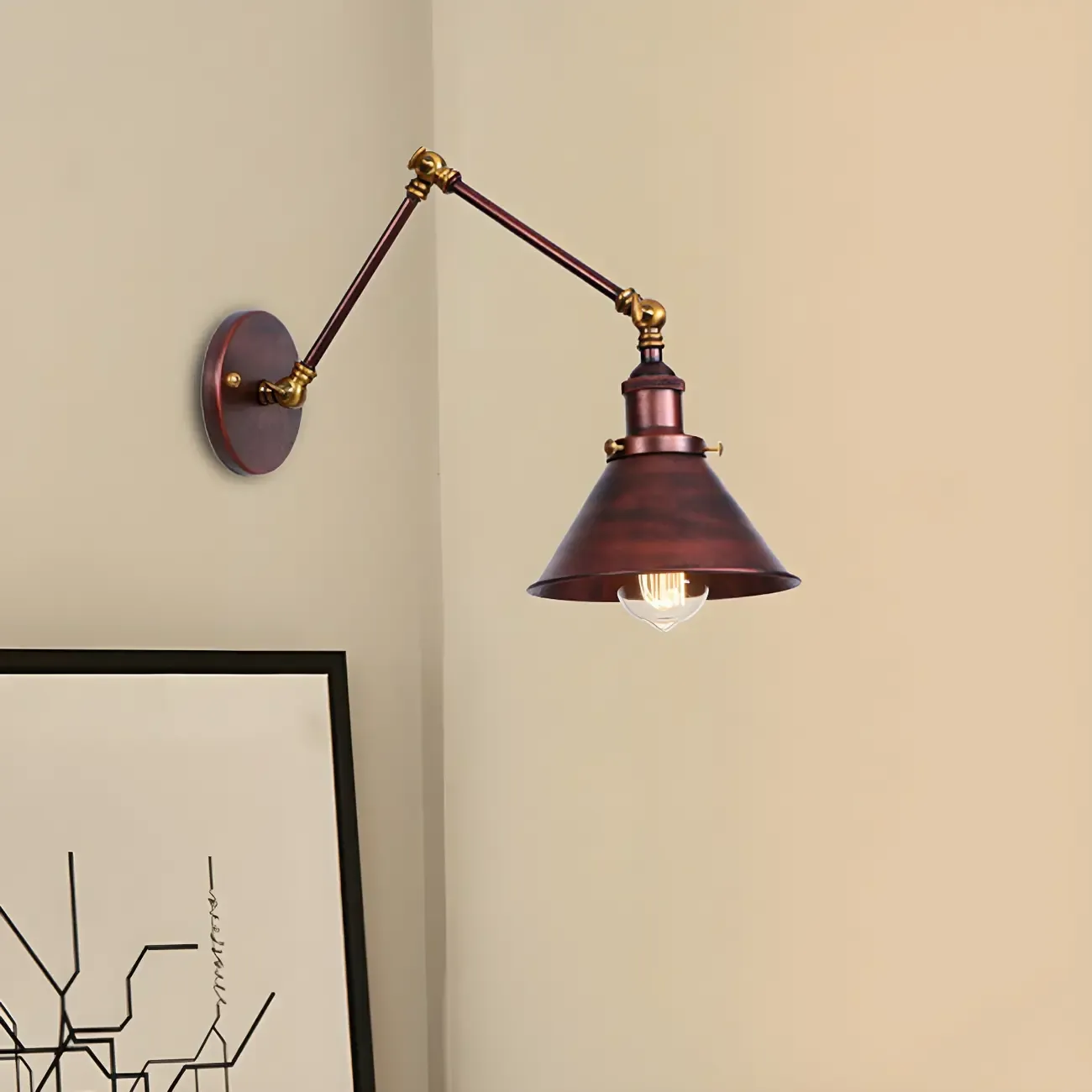 Industrial Brass Black Adjustable Swing Arm Wall Light Image - 2