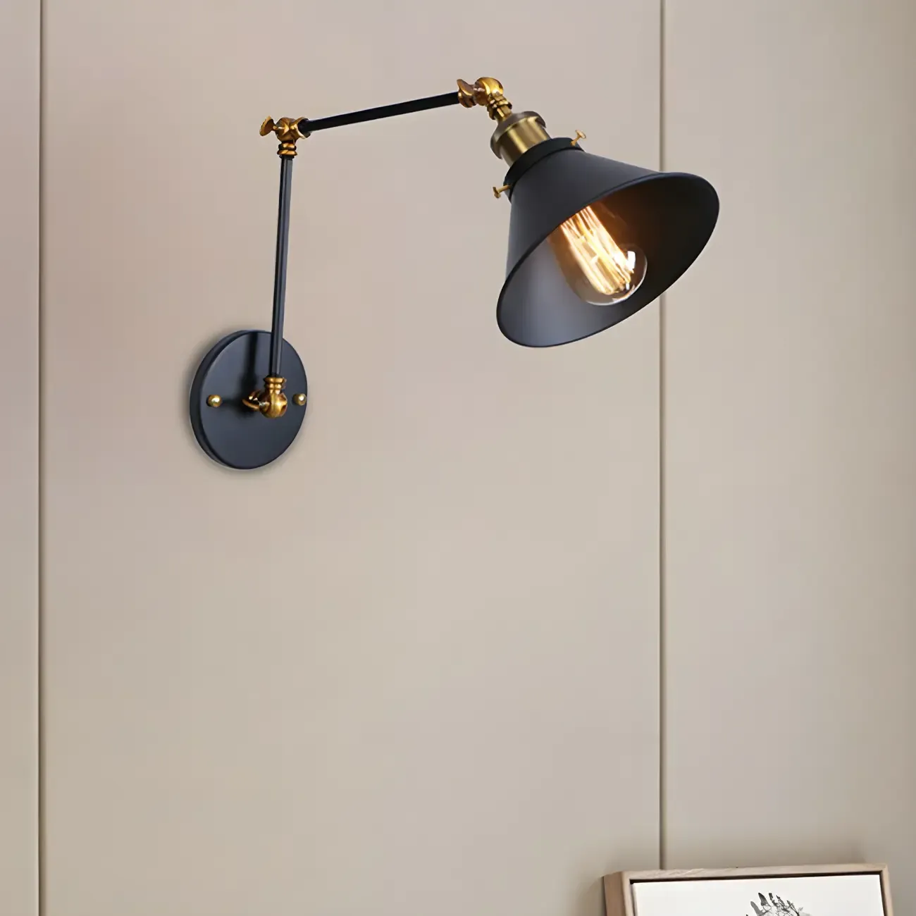 Industrial Brass Black Adjustable Swing Arm Wall Light Image - 9