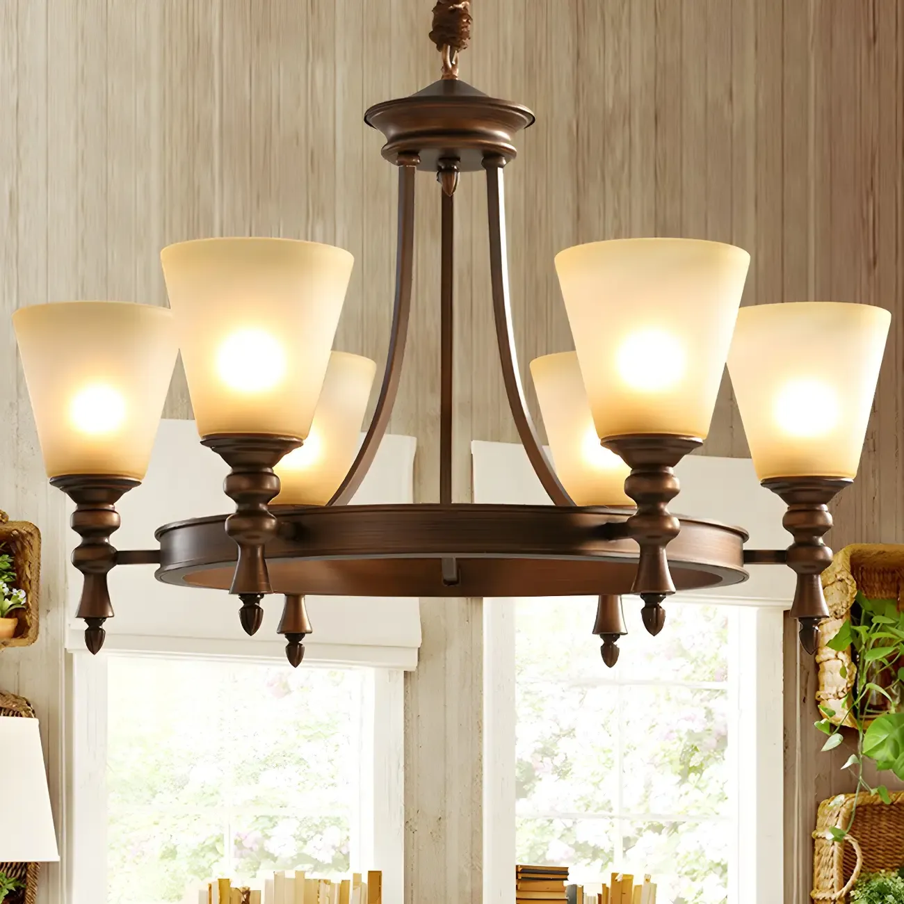 Classic Bronze Beige Frosted Glass Round Chandelier Image - 2