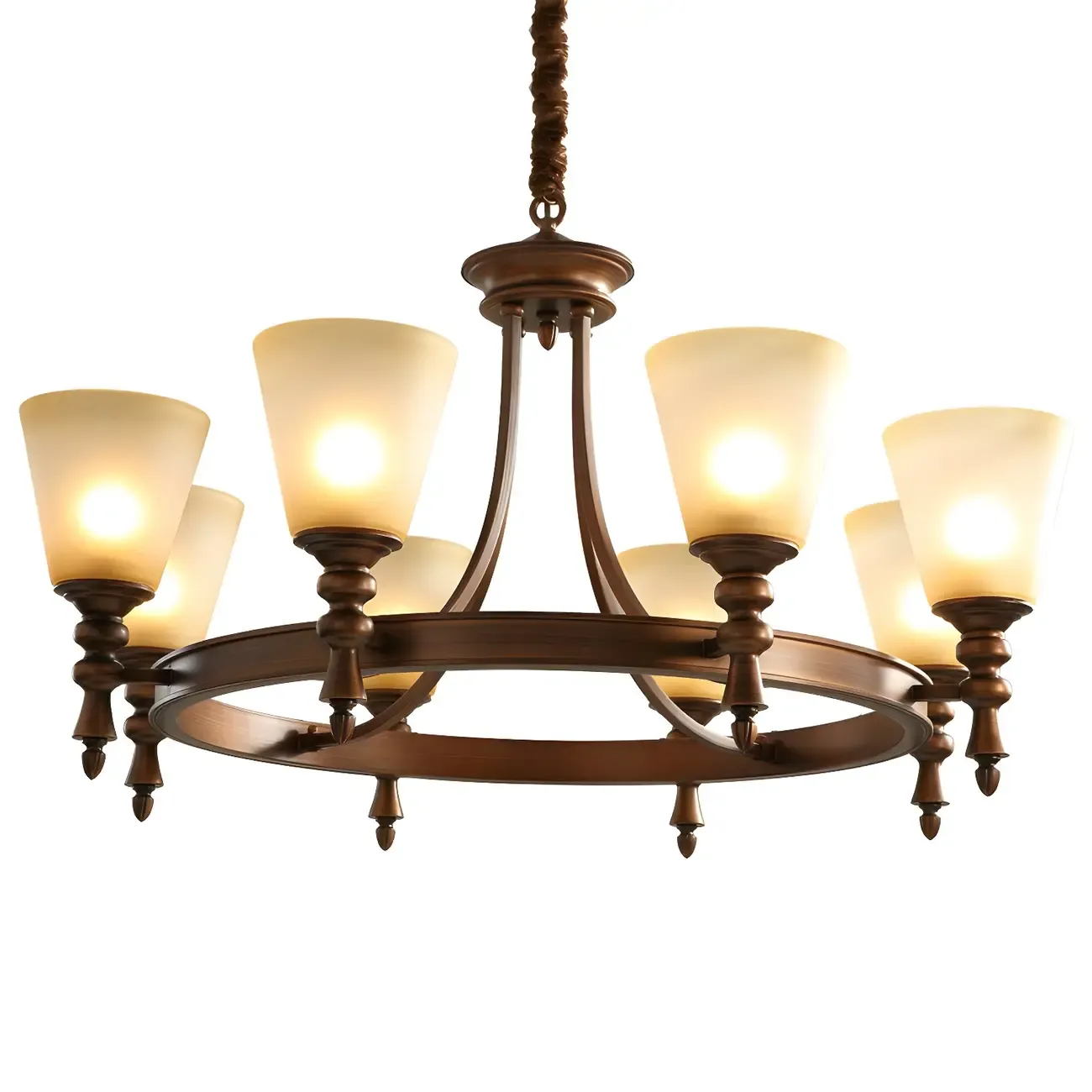 Classic Bronze Beige Frosted Glass Round Chandelier Image - 7
