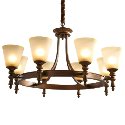 Classic Bronze Beige Frosted Glass Round Chandelier Image - 7
