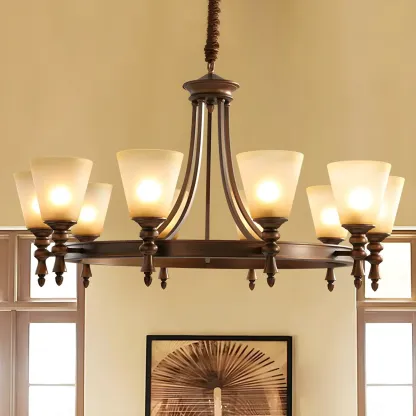 Classic Bronze Beige Frosted Glass Round Chandelier Image - 4