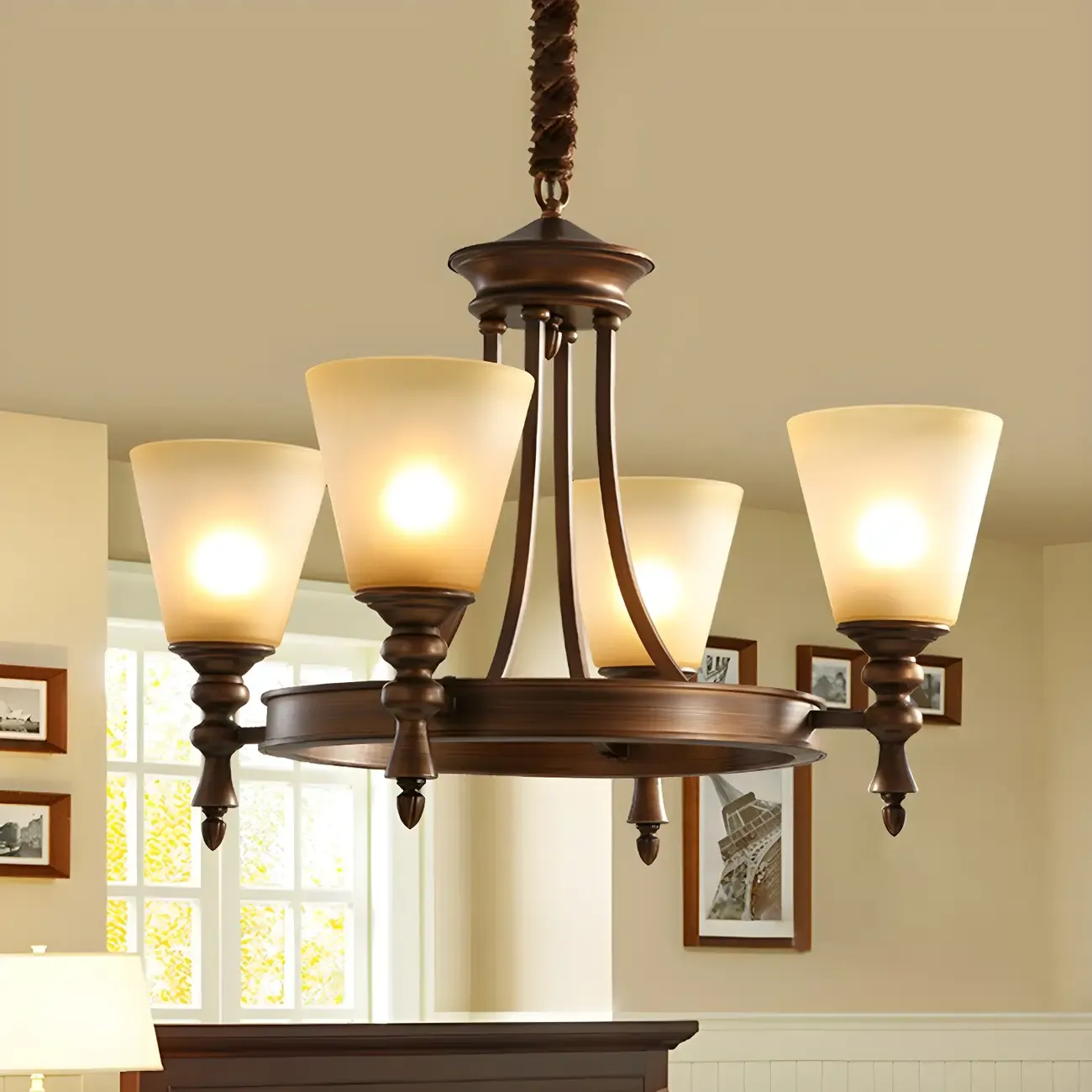 Classic Bronze Beige Frosted Glass Round Chandelier Image - 5