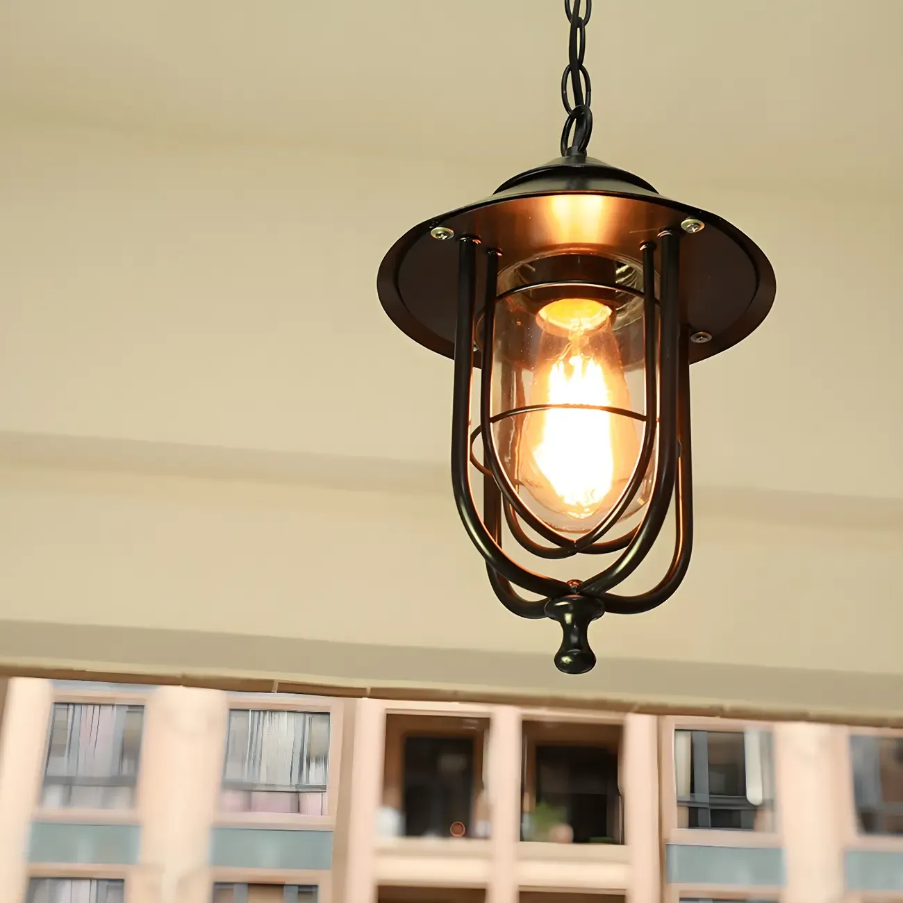 Traditional Cone Ceiling Light Single-Bulb Iron Hanging Pendant Light with Bell Clear Glass Shade for Garden Image - 3