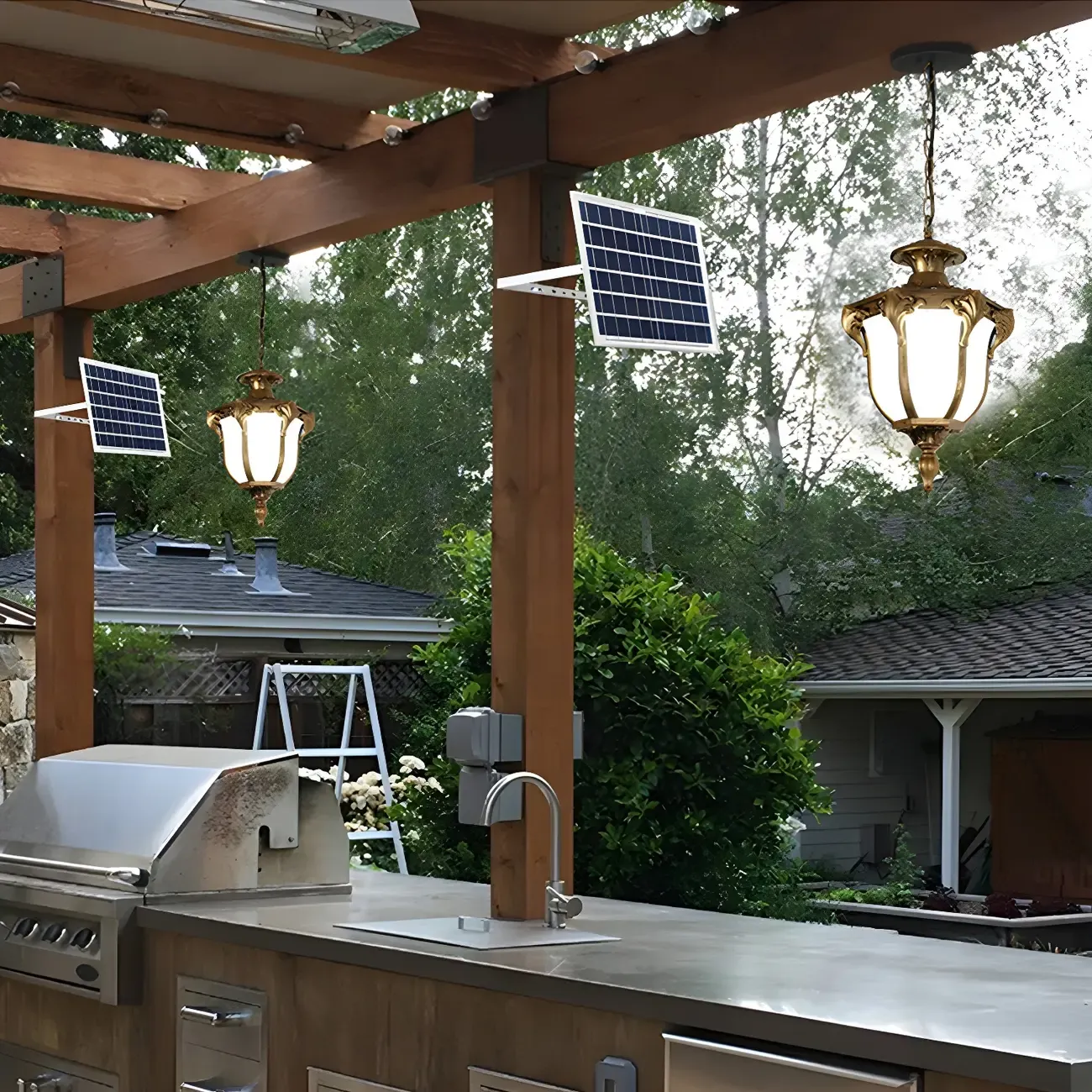 Traditional Bell Shade Solar Ceiling Light Cream Glass LED Hanging Pendant Light for Courtyard Image - 3