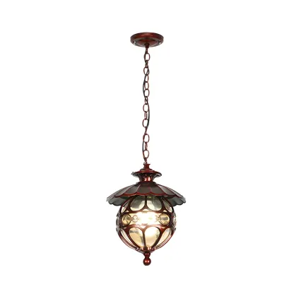 Single-Bulb Pendant Light Vintage Scalloped Aluminium Suspension Light with Globe Beige Glass Shade for Patio Image - 5