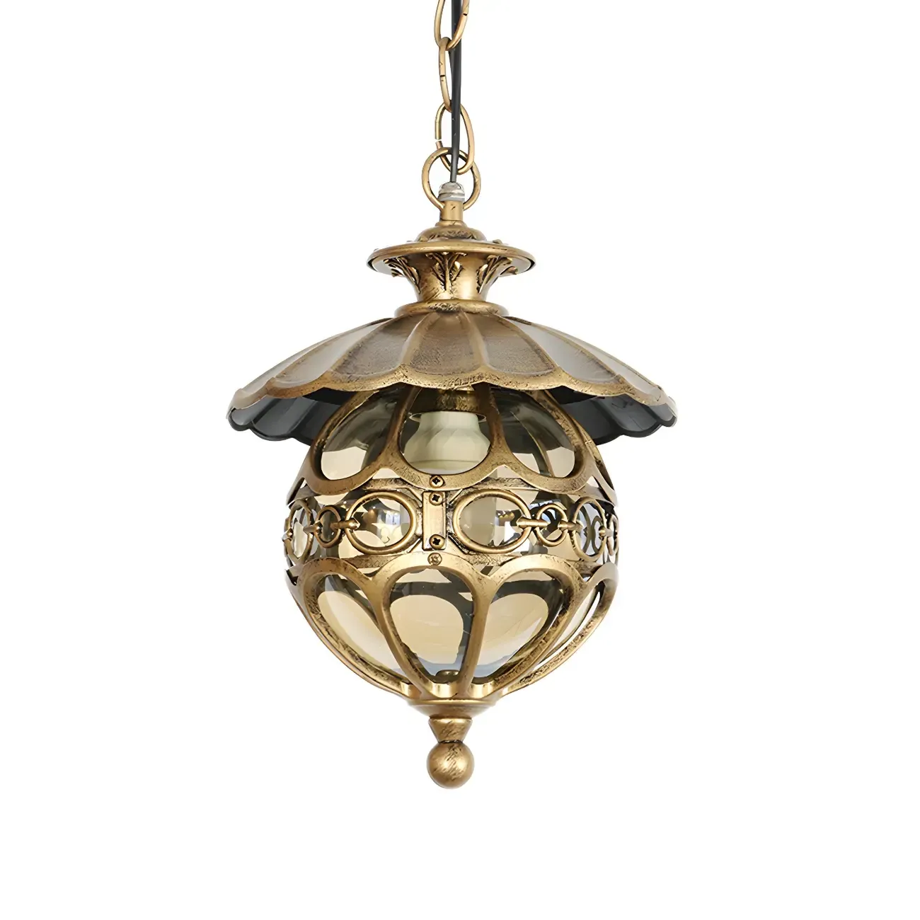 Single-Bulb Pendant Light Vintage Scalloped Aluminium Suspension Light with Globe Beige Glass Shade for Patio Image - 6