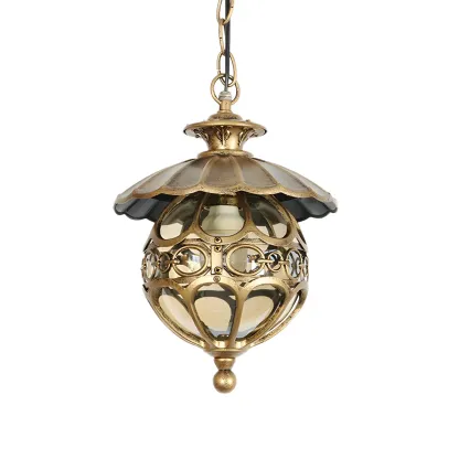 Single-Bulb Pendant Light Vintage Scalloped Aluminium Suspension Light with Globe Beige Glass Shade for Patio Image - 6