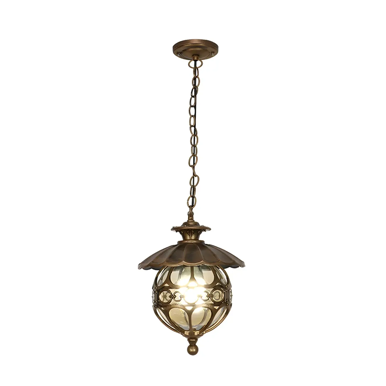 Single-Bulb Pendant Light Vintage Scalloped Aluminium Suspension Light with Globe Beige Glass Shade for Patio Image - 7
