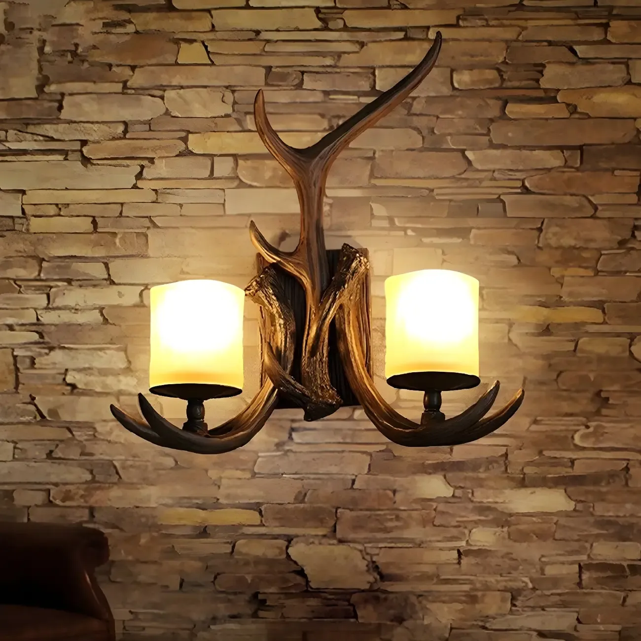 Rustic Antler 2-Light Wall Sconce with Frosted Glass Image - 2