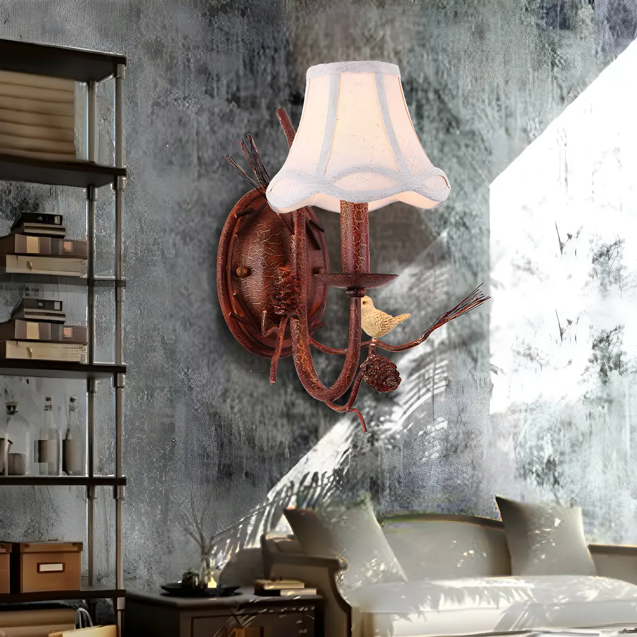 Traditional 2-Light Rust Resin and Fabric Wall Sconce Image - 6 | homeyfad