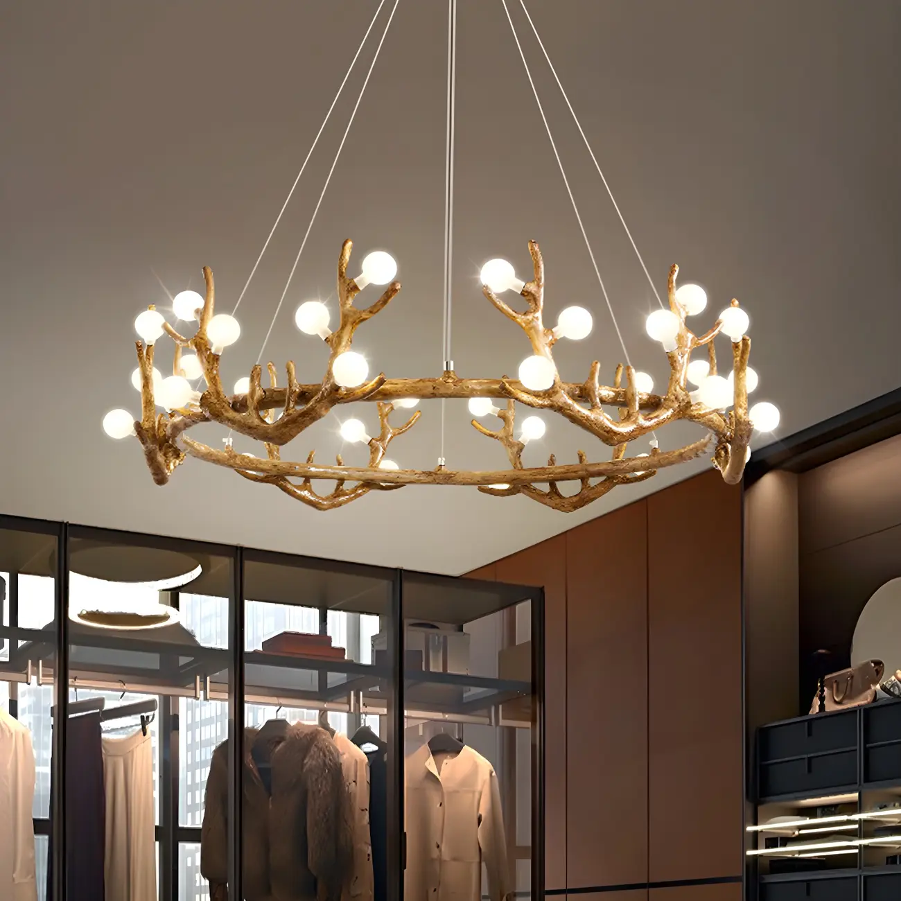 Nordic Brown Antler Frosted Glass LED Ring Chandelier Image - 1 | homeyfad