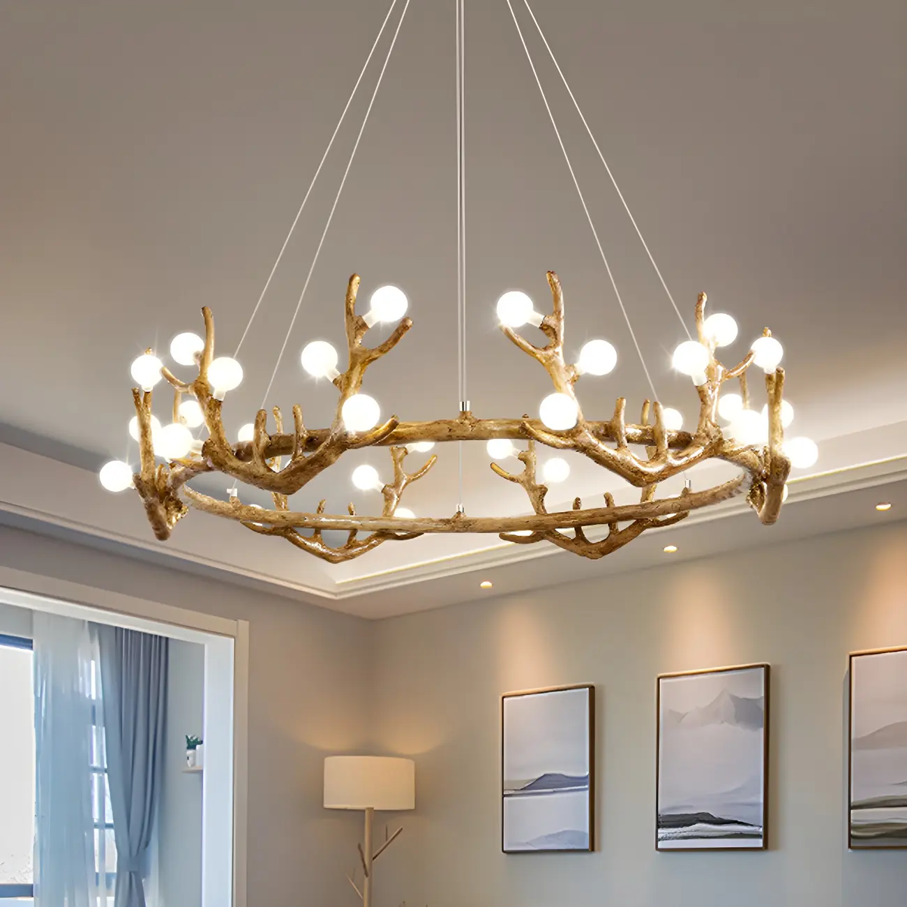 Nordic Brown Antler Frosted Glass LED Ring Chandelier Image - 3 | homeyfad