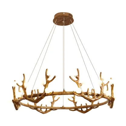 Nordic Brown Antler Frosted Glass LED Ring Chandelier Image - 4