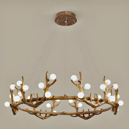 Nordic Brown Antler Frosted Glass LED Ring Chandelier Image - 5
