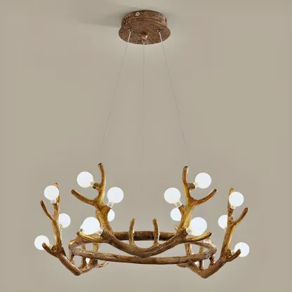 Nordic Brown Antler Frosted Glass LED Ring Chandelier Image - 7