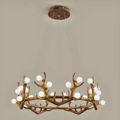 Nordic Brown Antler Frosted Glass LED Ring Chandelier Image - 11