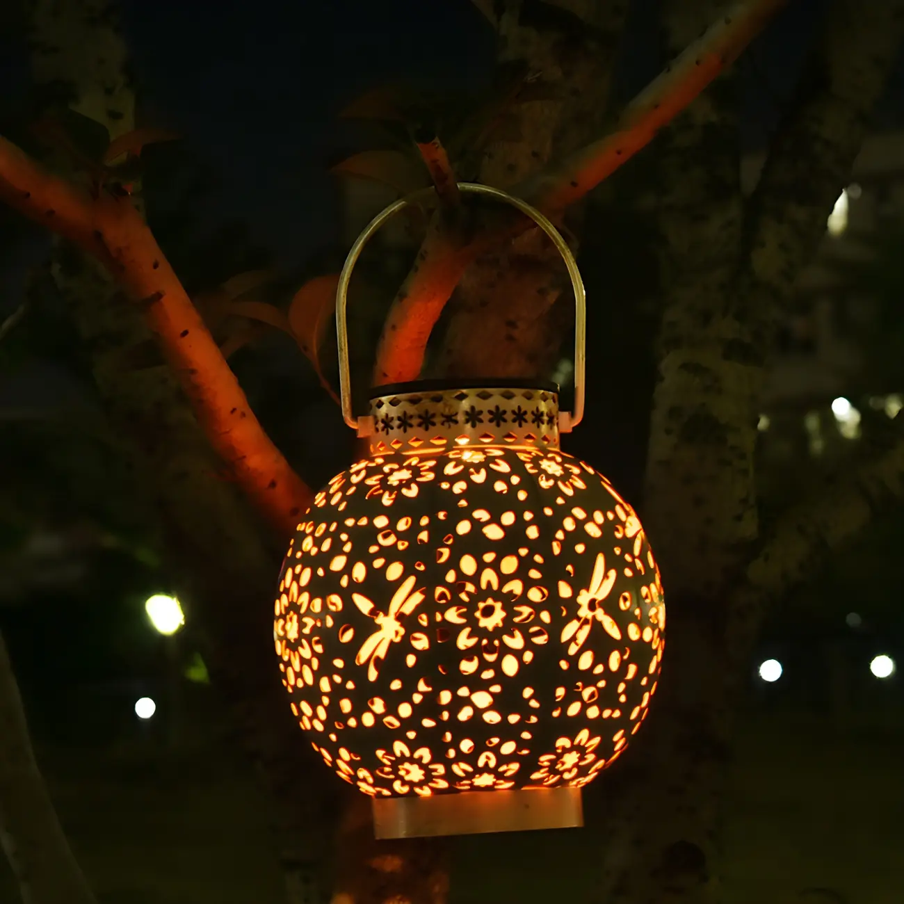 Metallic Hollow-out Lantern LED Pendant Light Art Decor White Solar Hanging Lamp for Garden Image - 1 | homeyfad