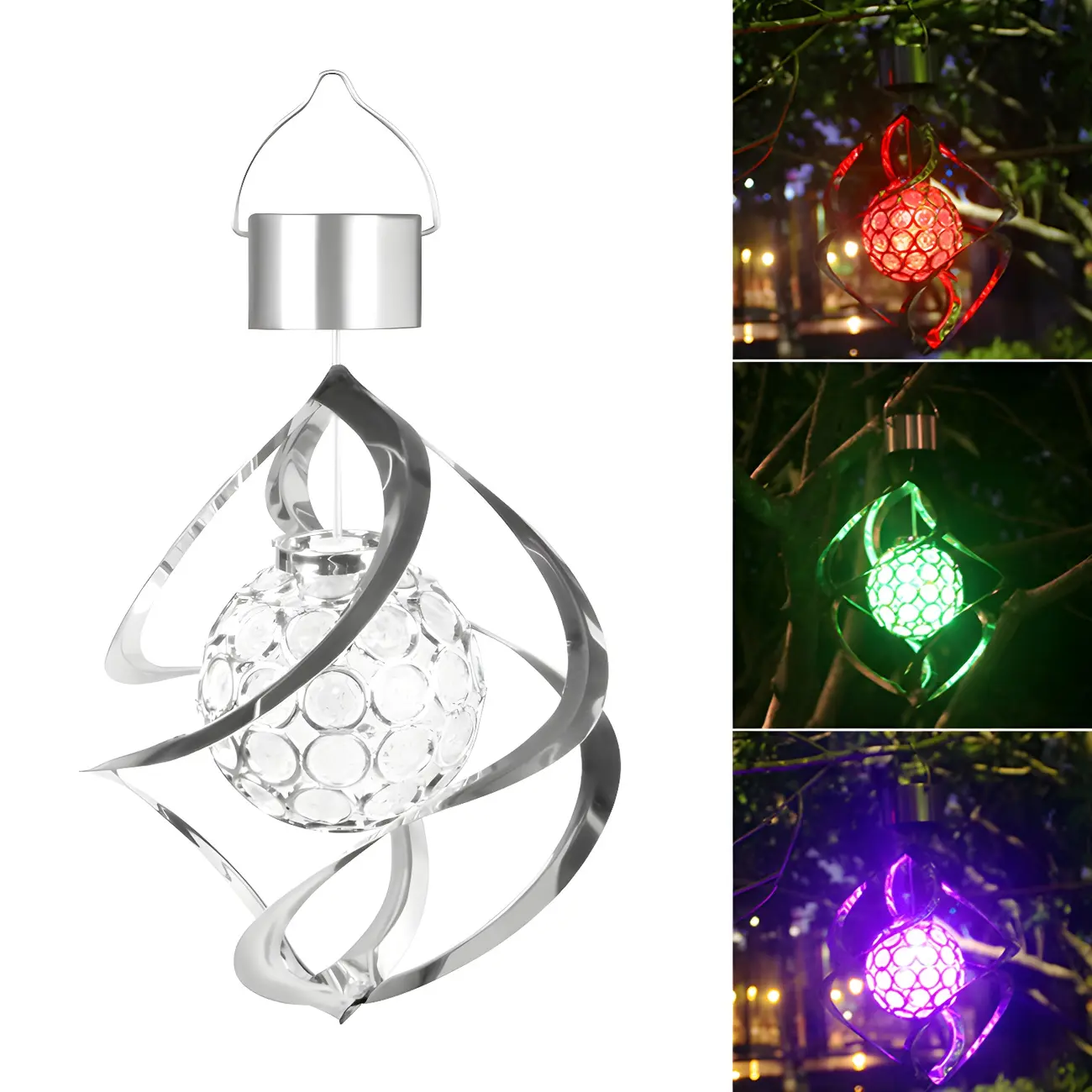 Globe Shade Acrylic LED Hanging Light Modern Silver Solar Pendant Light with Wind Spinner Decor for Courtyard Image - 1 | homeyfad