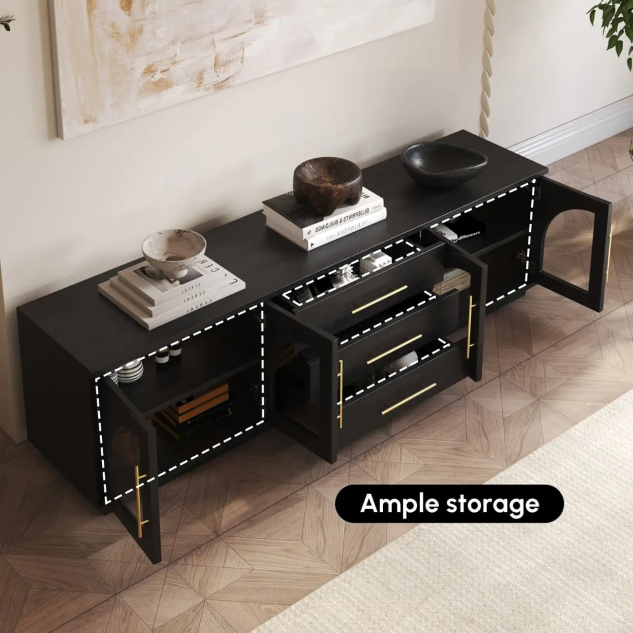 LED 3-Drawer Wooden Arched Glass Doors TV Stand Image - 5 | homeyfad
