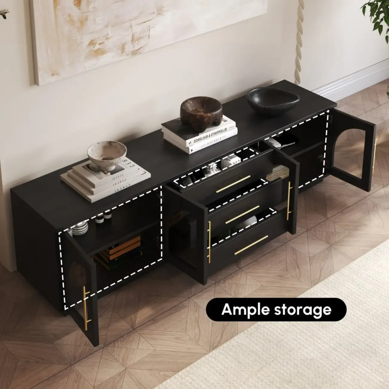 LED 3-Drawer Wooden Arched Glass Doors TV Stand Image - 5